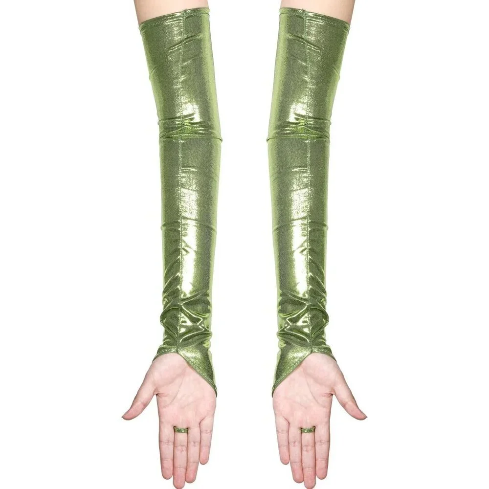 Women's Green Shiny Elastic Satin Rave Fingerless Long Gloves Party Costume